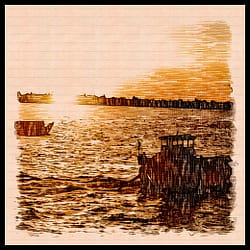 boat on lake at sunset with border