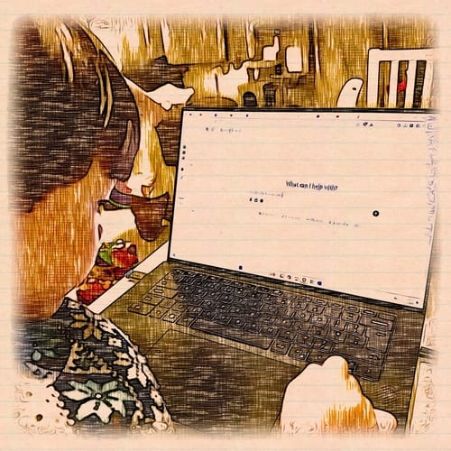 A stylized picture of a boy looking at a computer.