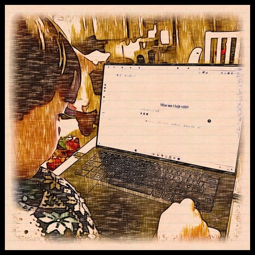 A stylized picture of a boy looking at a computer.